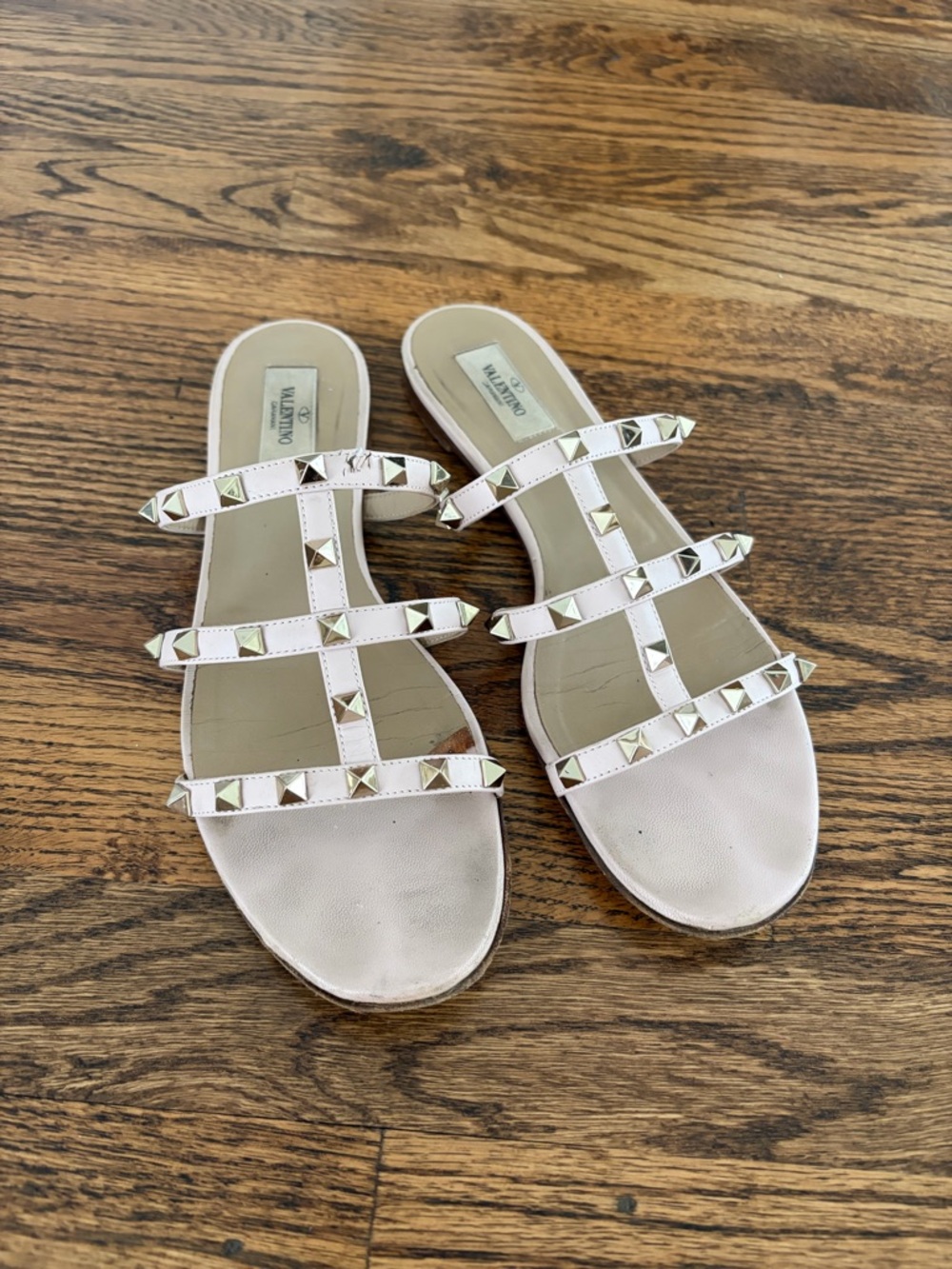 Valentino Pale Pink Leather Rockstud Triple-Strap Slide Sandals
